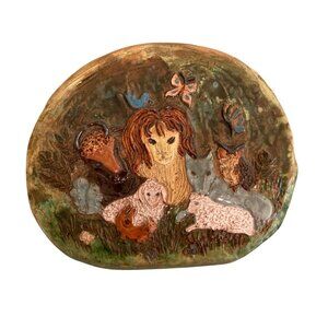 Whimsical Naive Animals Art Pottery Wall Plaque Decor Lion Lamb Fox Owl Bull